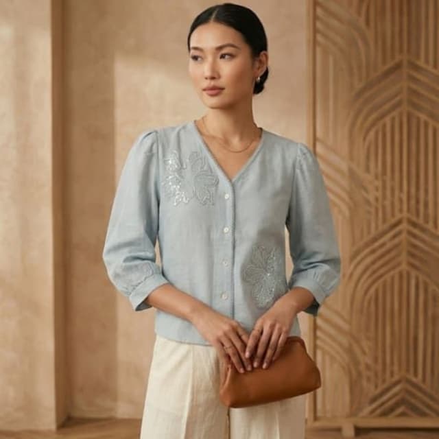 Light Blue, White Blouse