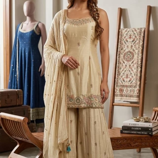 Beige, Gold, Pastel Pink, Teal Sharara Suit off white 