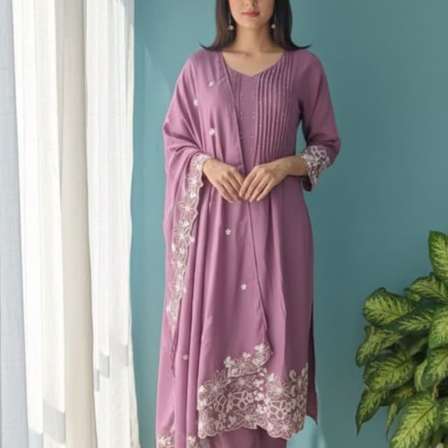 Mauve and White Salwar Kameez with Dupatta