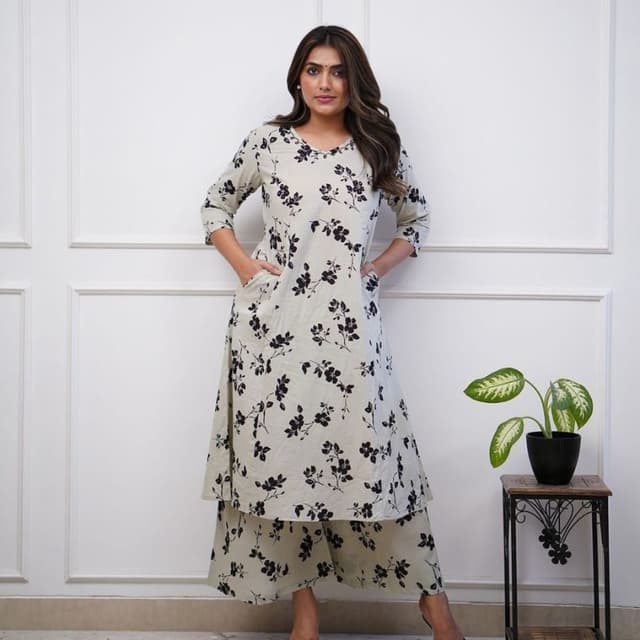 Off-White and Black Kurta and Palazzo Set