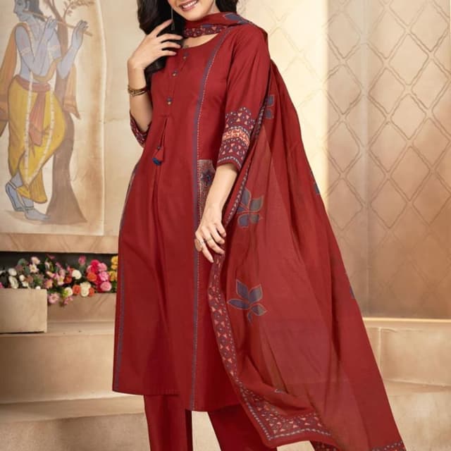 Red, with accents of blue and beige Salwar Kameez with Dupatta