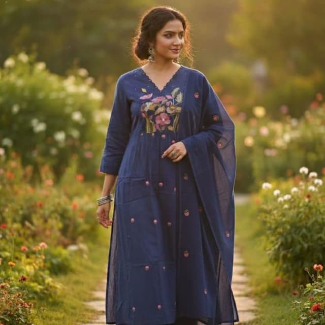 Navy Blue with multicolored floral embroidery Kurta Set