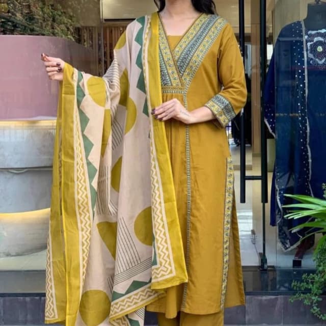 Mustard yellow, beige, green Salwar Kameez with Dupatta