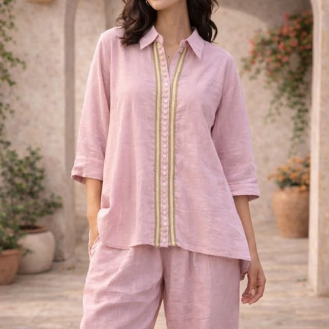 Pale pink with golden and cream accents Linen Shirt and Pant Set