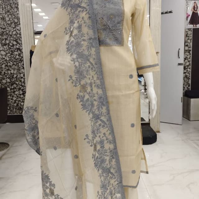 Cream, Gray Salwar Kameez Suit with Dupatta