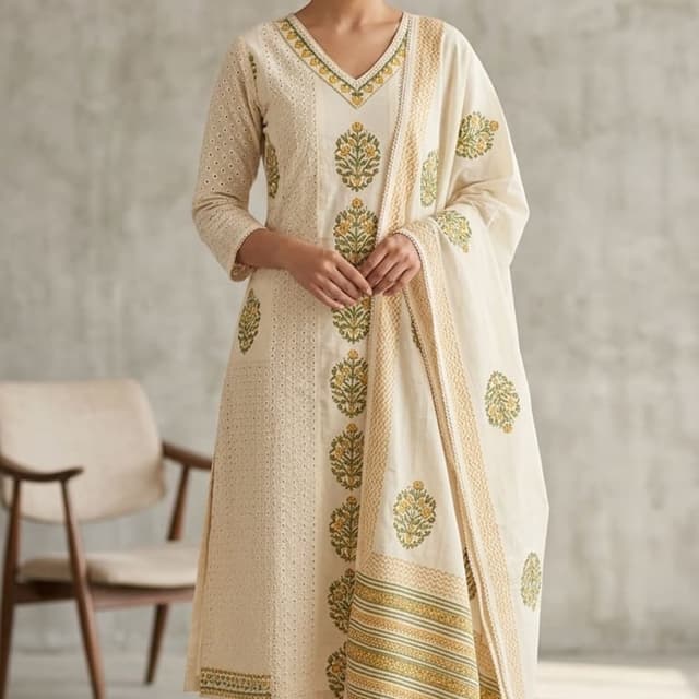 Ivory, Olive Green, and Mustard Yellow Kurta Set with Dupatta