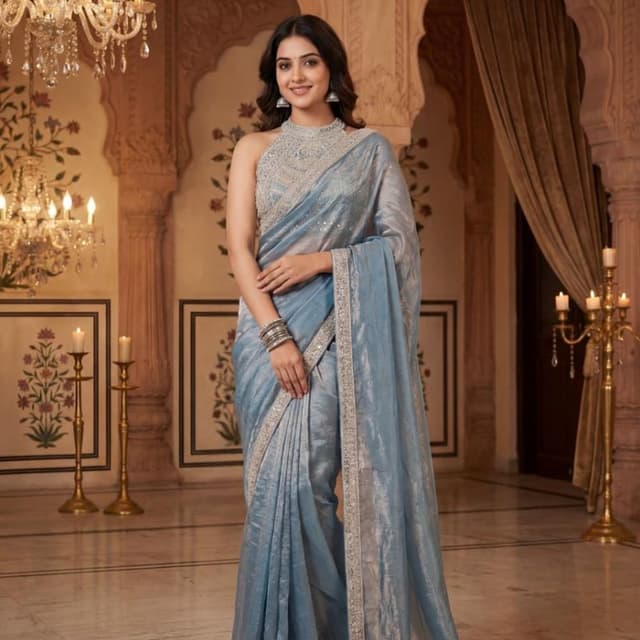 Blue, Silver Saree
