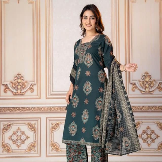 Teal, red, beige, and black Salwar Kameez