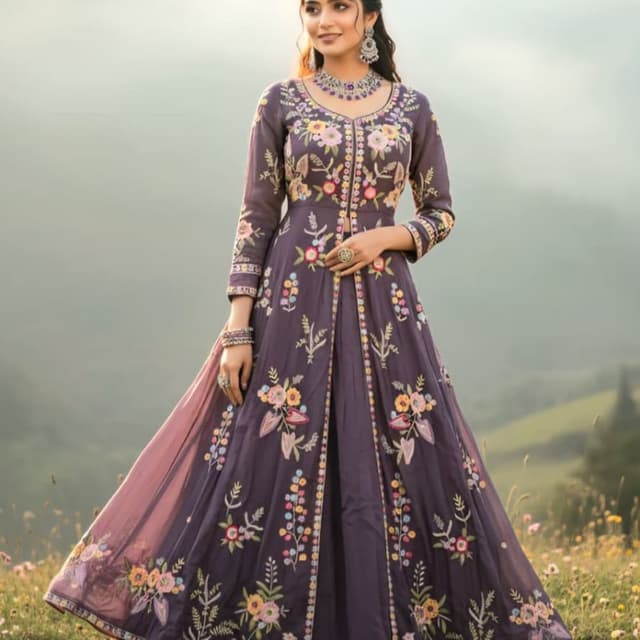 Purple, with multicolor floral embroidery Anarkali Dress