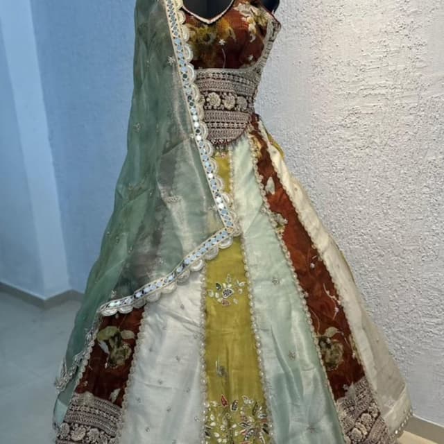 Brown, Green, White, Silver Lehenga Choli