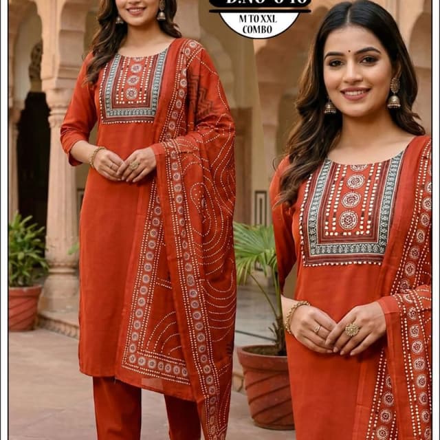 Red-Orange, White, and Dark Green Kurta Set with Dupatta