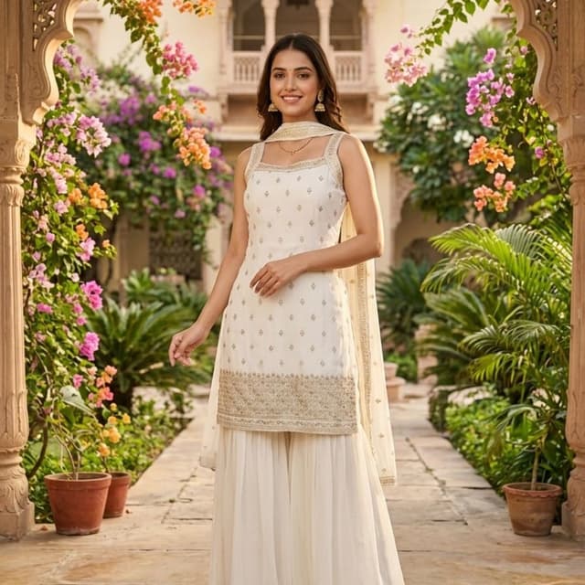 Ivory and Gold Sharara Suit