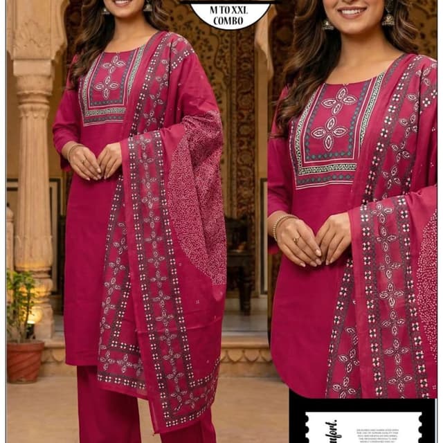 Magenta, with accents of dark grey, teal, and white Salwar Kameez with Dupatta