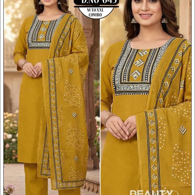 Mustard yellow, black, white, and gray 3-piece Cotton Dabbu Suit Set