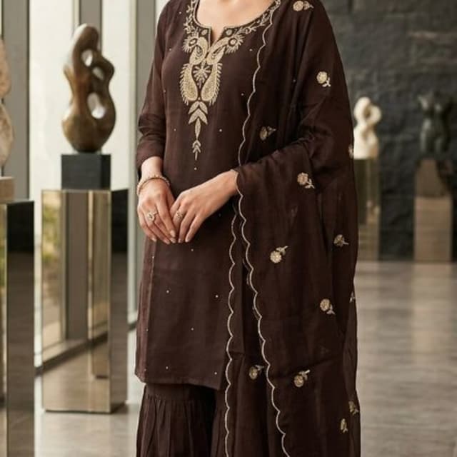 Dark Brown and Gold Sharara Suit