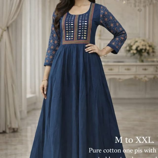 Blue, with accents of orange, gold, and red Dress