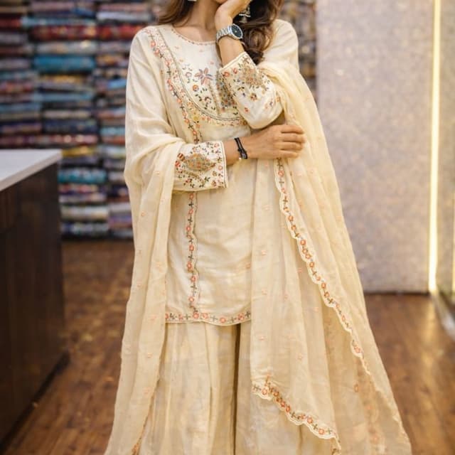 Ivory, peach, and multi-color embroidery Sharara Suit Set
