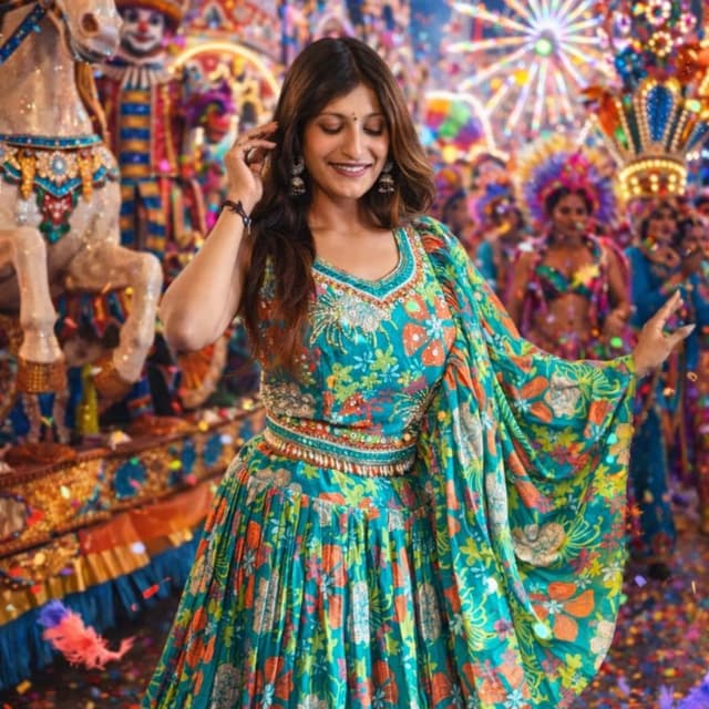 Teal, Orange, Yellow, Green Lehenga Choli