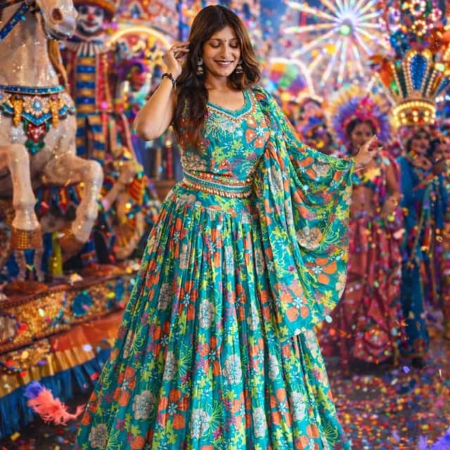 Teal, Orange, Yellow, and White floral print Lehenga Choli with Shawl