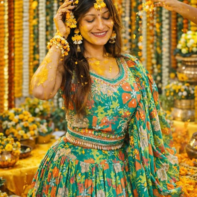 Emerald Green, Orange, Yellow, Beige Lehenga Choli