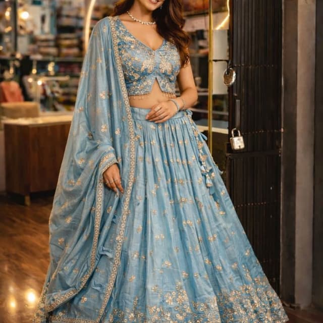 Powder Blue and Gold Lehenga Choli