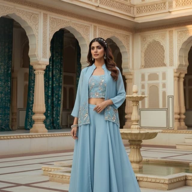 Light Blue, Beige Palazzo Pant Set with Jacket