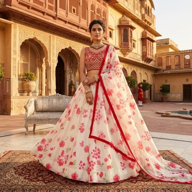 Red, White Lehenga Choli