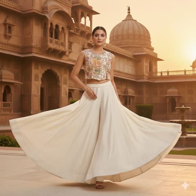 Ivory, Multi-colored (floral embroidery) Crop Top and Palazzo set