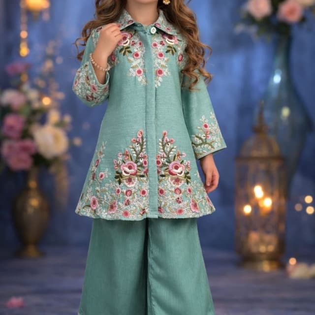 Teal, Pink, White Kurta and Palazzo Set