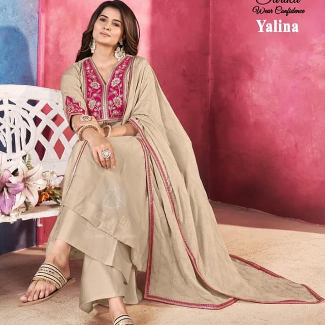 Beige, Pink, and Gold Salwar Kameez Suit