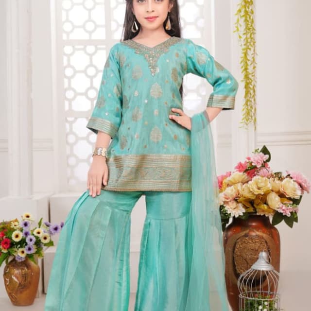 Teal and Gold Sharara Suit