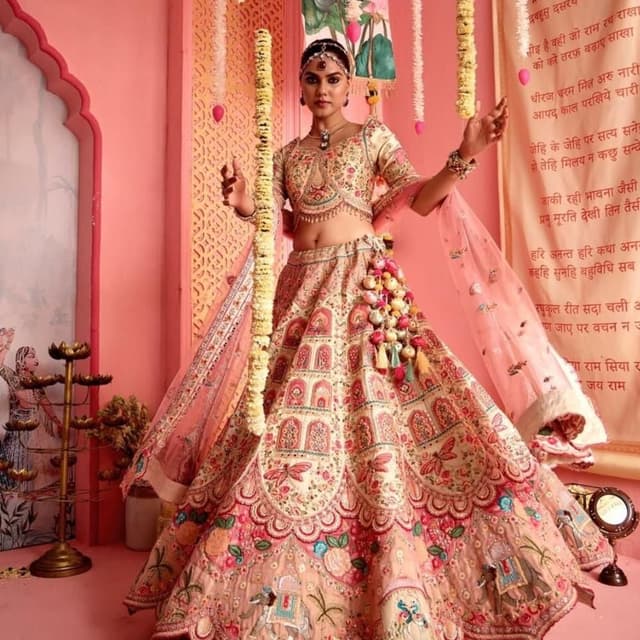 Cream, Peach, Pink, and hints of Green and Blue Lehenga Choli