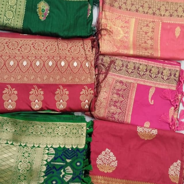 Green, Red, Pink, Gold Saree