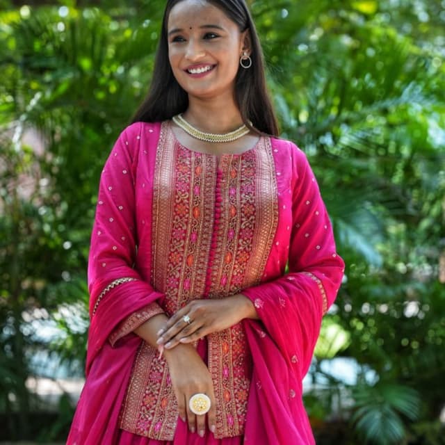 Magenta, Gold, Orange Kurta with Skirt and Dupatta