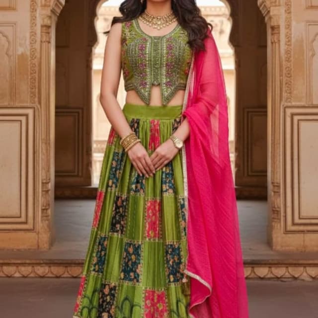 Green, Pink, Black, and Gold Lehenga Choli with Dupatta