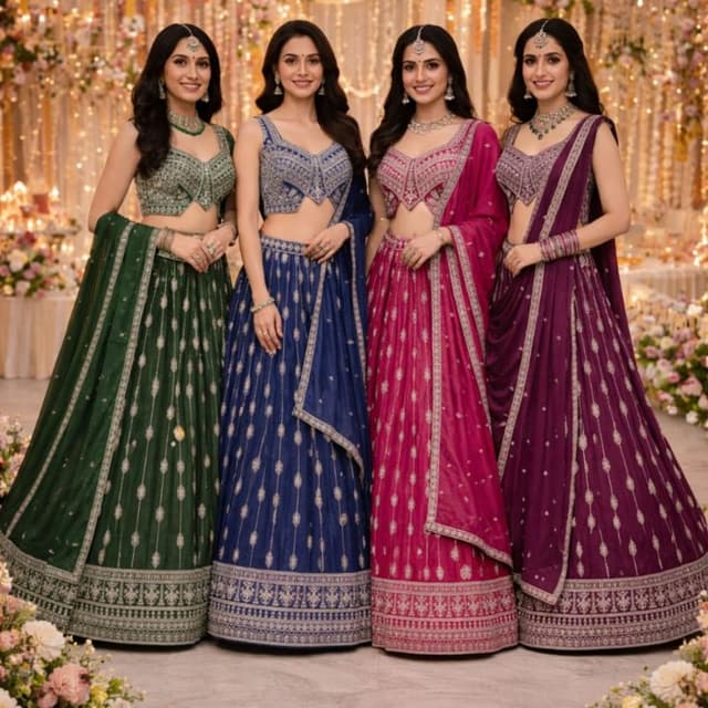 Green, Blue, Pink, Purple, with silver accents Lehenga Choli