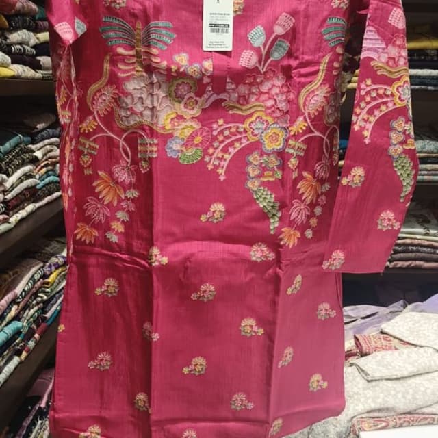 Magenta, with multicolored floral detailing including shades of yellow, green, blue, pink and white Kurta