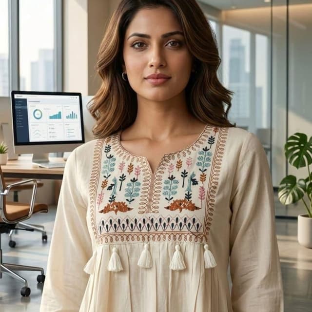 Ivory, with accents of brown, black, green, and pink in the embroidery. Top/Tunic