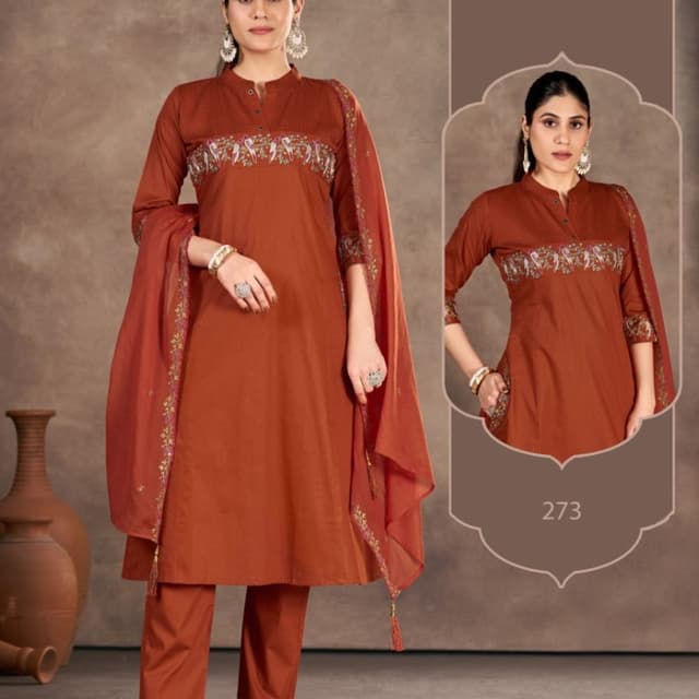 Burnt Orange with Embroidery in various colors Salwar Kameez Suit with Dupatta
