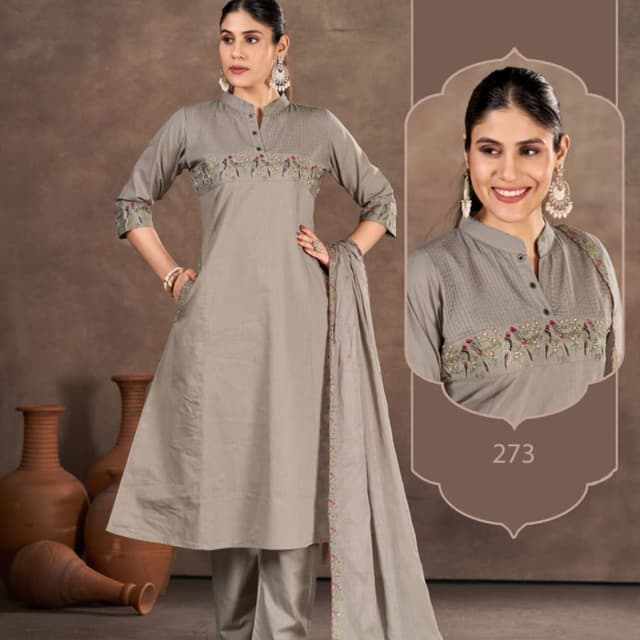 Gray, with Multicolor Embroidery Kurta with Pants and Dupatta