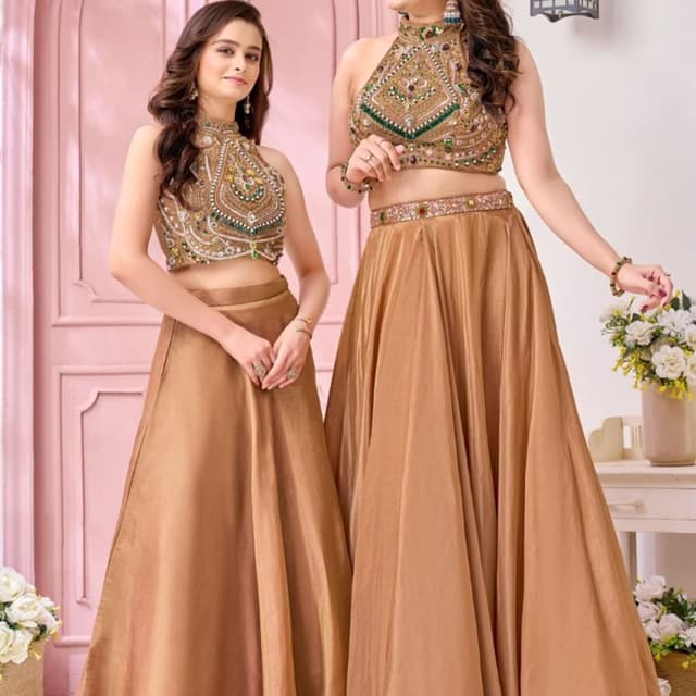 Gold, Green Lehenga Choli