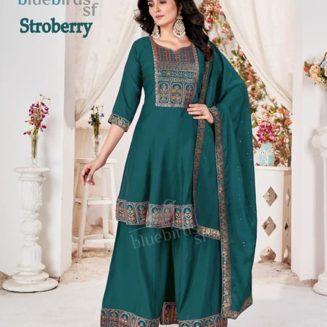 Teal, with accents of gold, red, orange, and green in the embroidery. Palazzo Suit Set