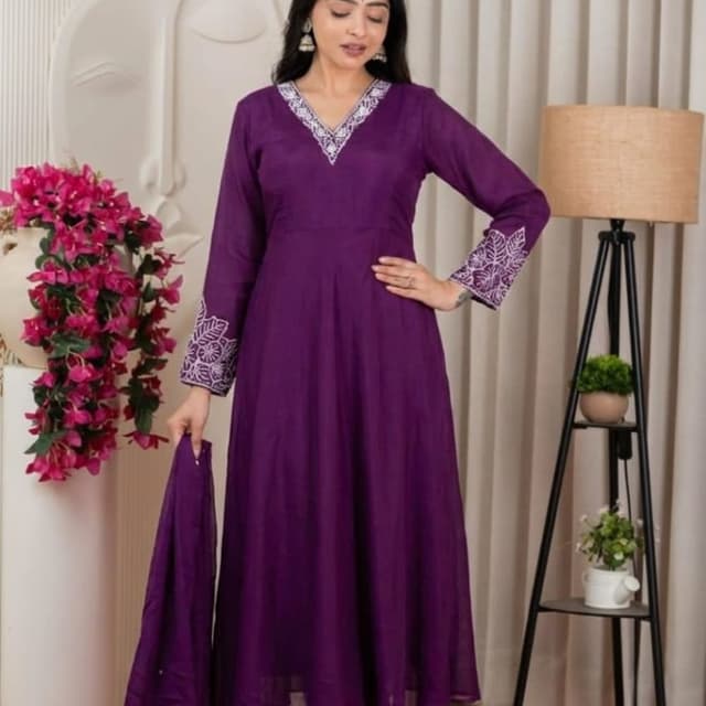 Purple, White Anarkali Suit
