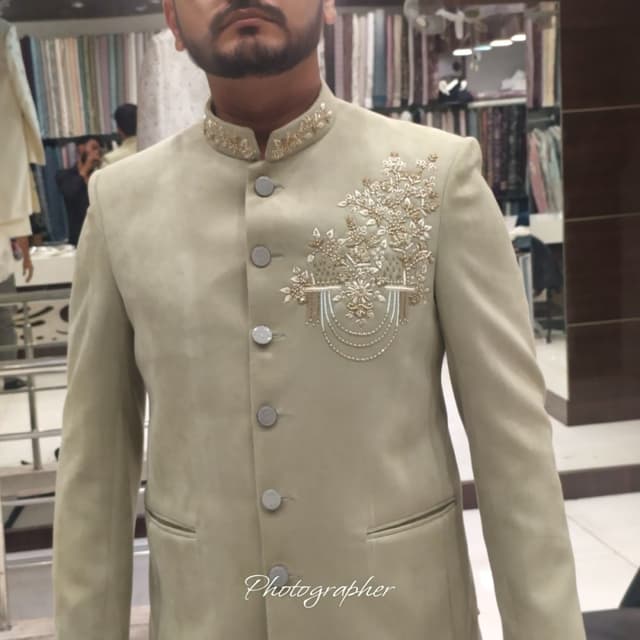 Light beige with gold and silver accents Jacket/Sherwani