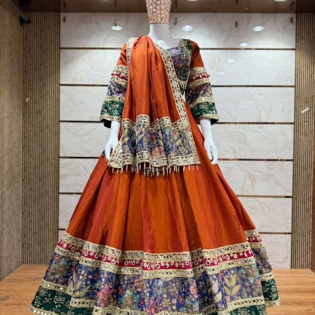Orange, Blue, Green, Pink, Gold Lehenga Choli with Dupatta