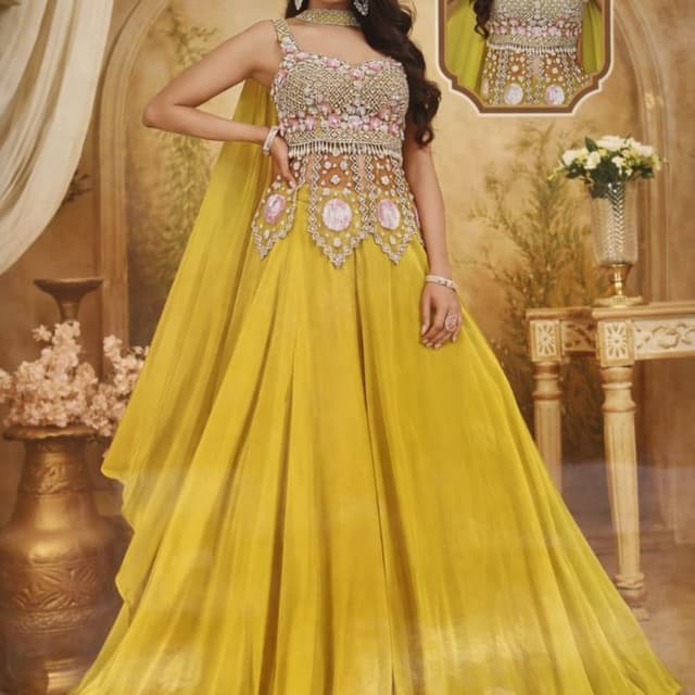 Mustard yellow, gold, pink Lehenga Choli
