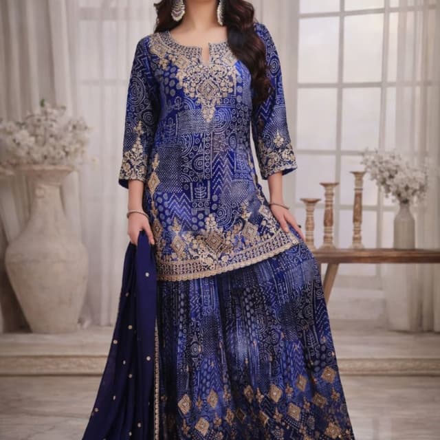 Royal Blue and Gold Sharara Suit