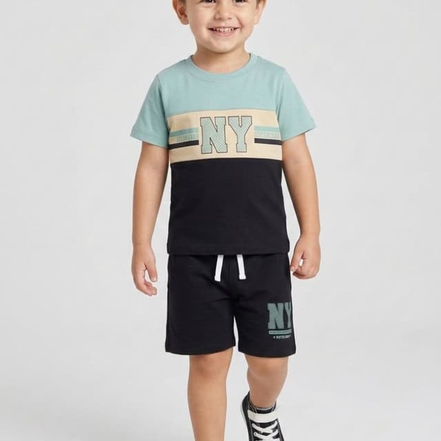 Blue, Black, Beige T-shirt and shorts set