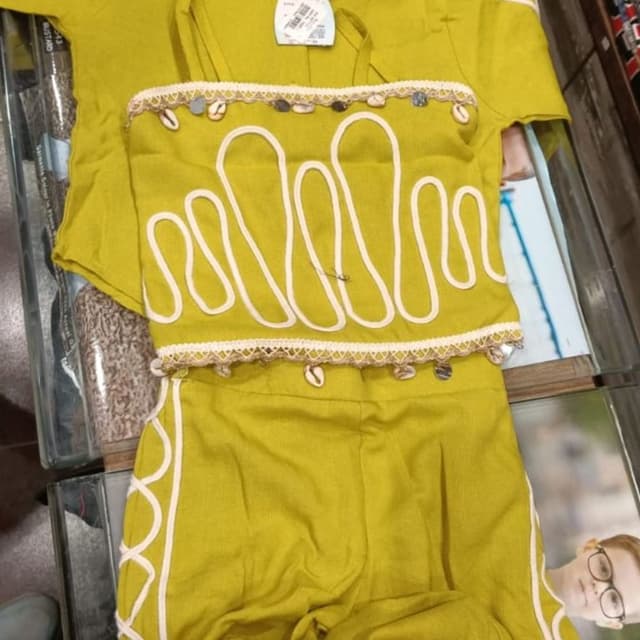 Mustard yellow and White Kids' Outfit - Shirt, Crop Top and Pants