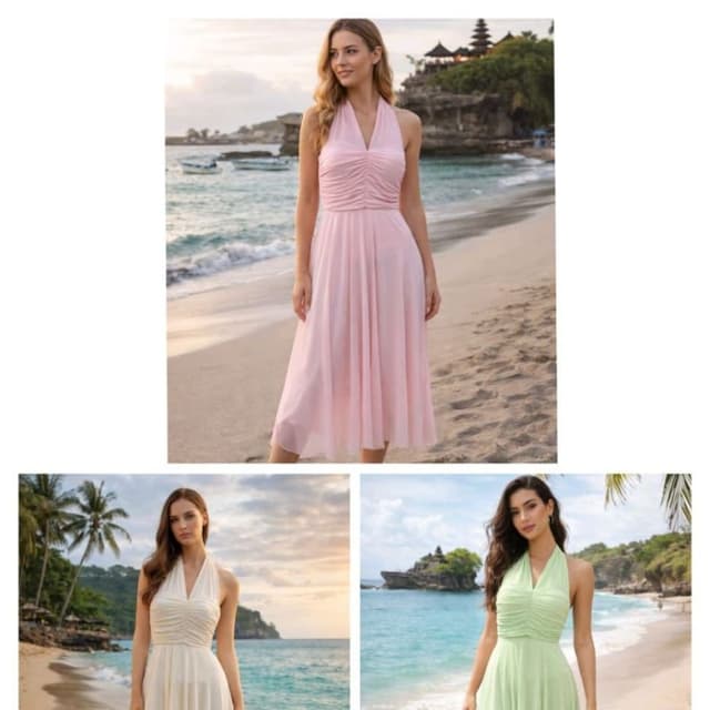 Various pastel colors, including pink, off-white, and green. Dress